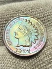 1897 Indian Head Cent Choice Lustrous High Grade AU+ Toned Red & Blue Hue