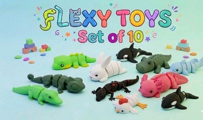 3D Printed  Flexy Toys Set of 10 Articulated Animals/ Hand Painted. 
