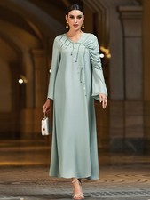 Elegant Modest Long Abaya Rhinestone Pleated Muslim Dress Formal Evening Prom