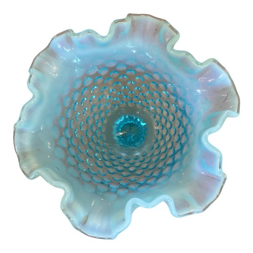 Vintage Fenton Blue Glass Hobnail with White Ruffled Edge Pedestal Candy Dish - Picture 4 of 4