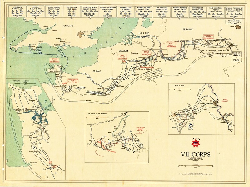 VII Corps US Army Military War Map D-Day - VE Day Battle of the Bulge Print WWII