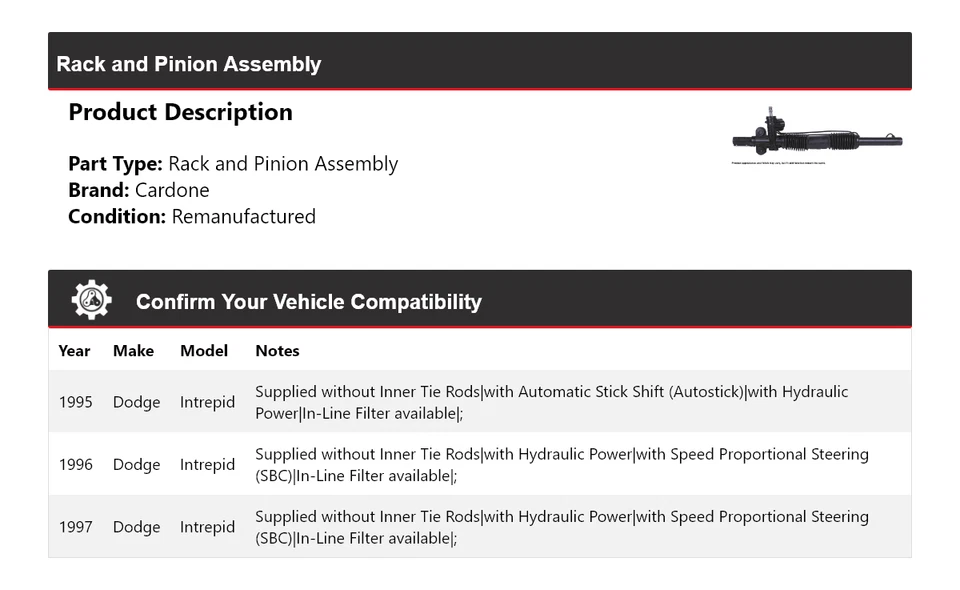 For 1995-1997 Dodge Intrepid Rack and Pinion Assembly Cardone 1996 - Image 2 of 4