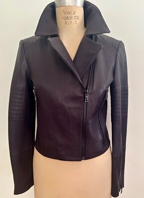 Women's Fashion Biker Jacket in Black Lamb with Textured Grain, Size SM