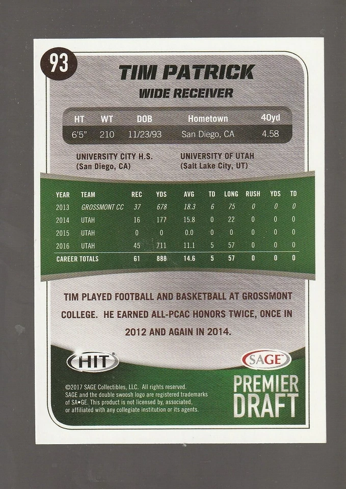 2017 SAGE Hit #93 Tim Patrick RC, Detroit Lions - Image 2 of 2