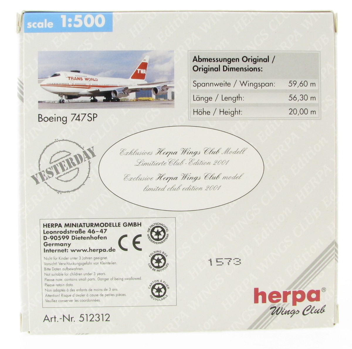 Herpa Wings Club 512312 Boeing 747SP TWA Trans World 1:500