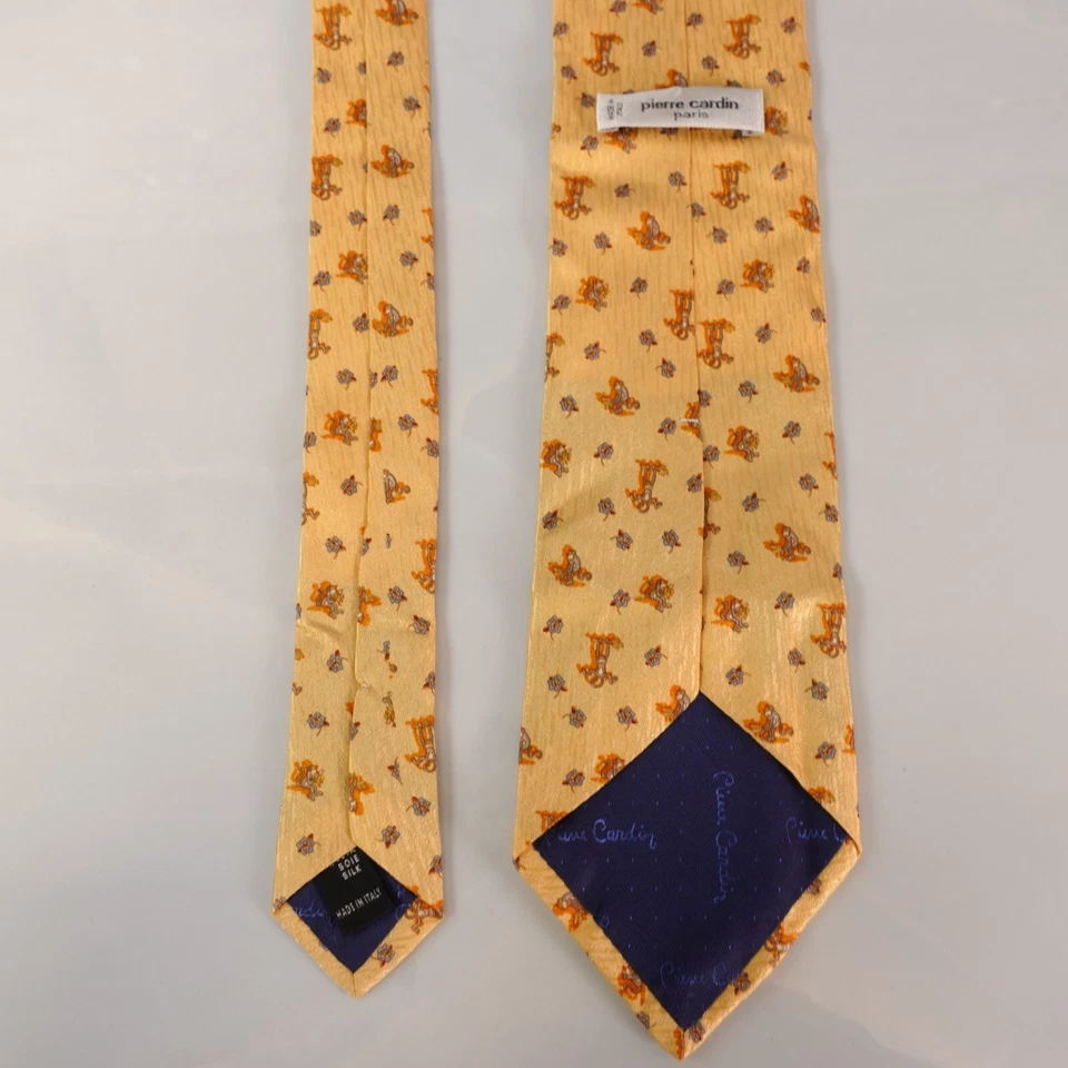 Pierre Cardin Neck Tie Men Yellow Animal Floral Silk Bright Luxury Monkey Italy - Image 4 of 4