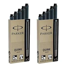 Parker Quink Permanent Ink Fountain Pen Refill Cartridges, 10 Black Ink Refil...