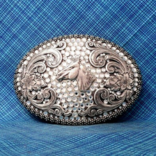 Horse Belt Buckle Western Cowgirl Silver Tone Metal Rhinestone Vtg Nocona.CPA287