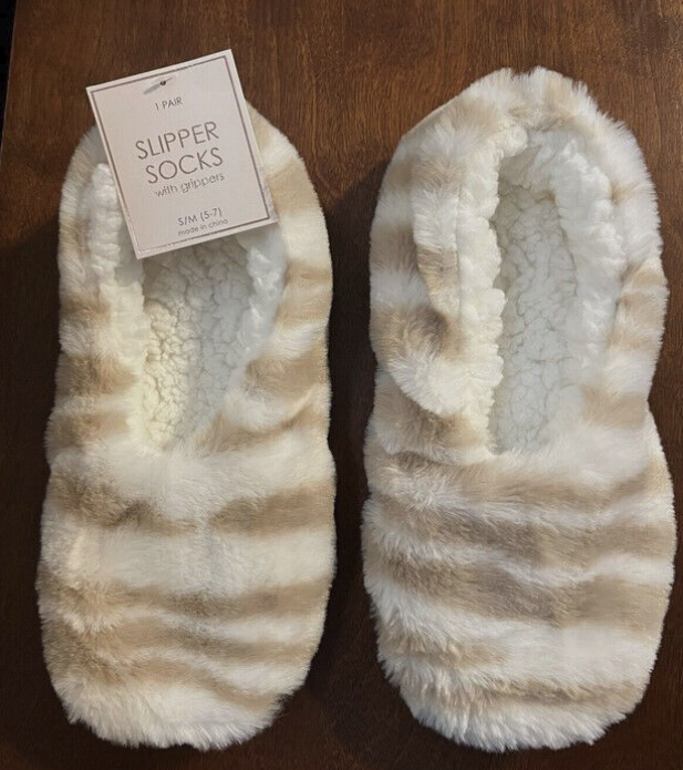Womens Zebra Faux Fur Cozy PullOn Slipper Socks Ivory/Tan Small