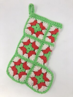 Vintage CHRISTMAS Stocking ~CROCHET GRANNY Square Handmade ~ 10.5  ~ Red Green