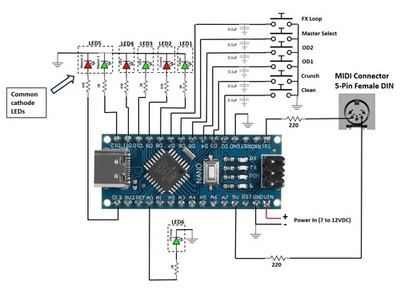 DIY Arduino 6-way MIDI Footswitch For Marshall DSL40CR DSL100HR PEDL-91016-Style