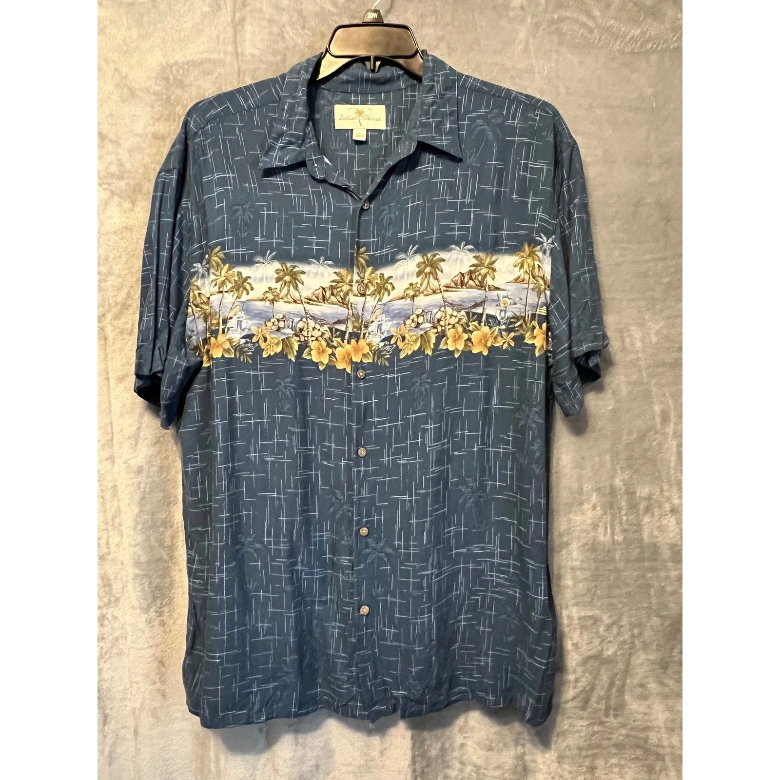 Island Shores Hawaiian Shirt XL Blue Palm Tree Scenic Rayon Button Up Beach Wear