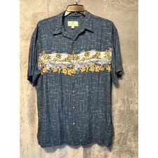 Island Shores Hawaiian Shirt XL Blue Palm Tree Scenic Rayon Button Up Beach Wear