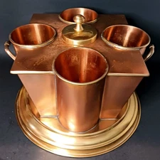 Vintage MCM Art Deco Style Copper & Brass Wine Chiller 4 Bottle Cooler w/ Lid