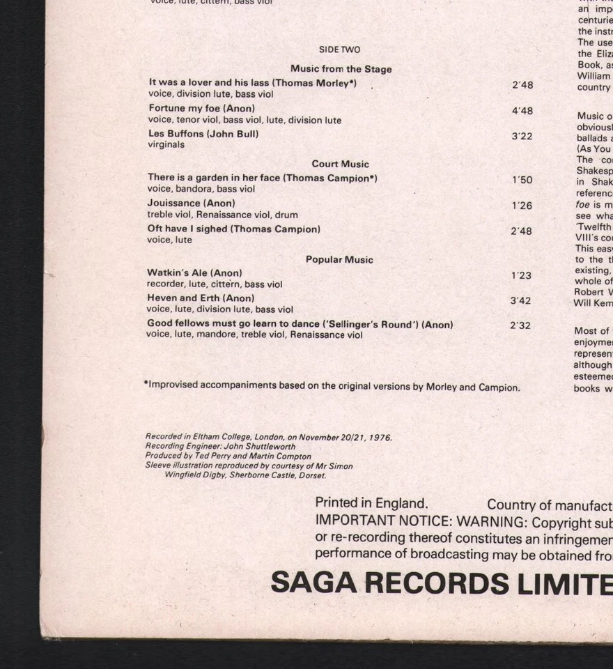 5447 Camerata of London Popular Music From the Time of Queen Elizabeth I LP - Photo 4/4