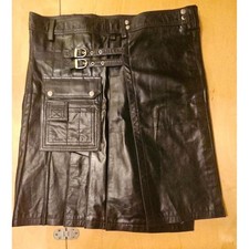 Premium Pleated Black Faux Leather Utility Kilt  Fits 34" Waist  23.5" Length