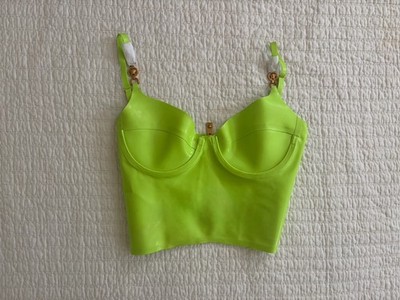 Versace Lime Green Latex Spaghetti Strap Bustier Top Medusa Gold Size 6 / 42