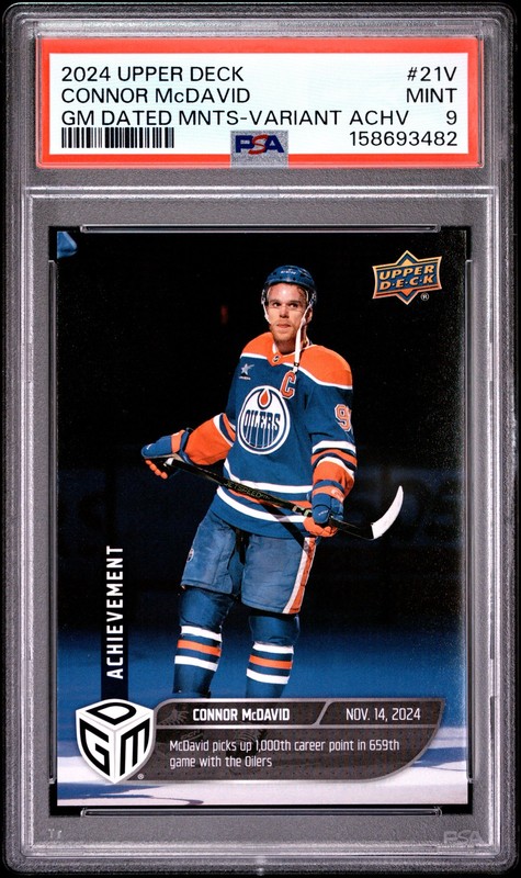 2024 UD GAME DATED MOMENTS VARIANT ACHIEVEMENT #21V CONNOR MCDAVID PSA 9