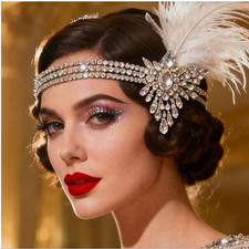 FLAPPER HEADBAND-1920s SILVER TONE with Faux Feathers  Rhinestones