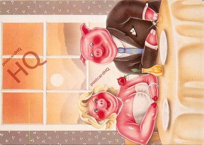 Ansichtskarte - Schweine verloben sich [Buchenholz]
