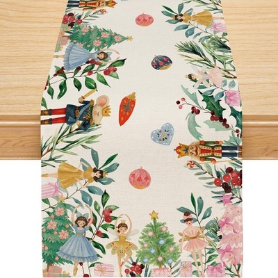 Christmas Table Runner, Floral Nutcracker 13'' x 48'', Beige, Pink 
