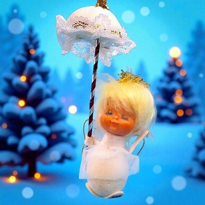Pixie Angel Ornament Tulle Wings Parasol Lace Trim 1960s Japan Sleepy Eyes 