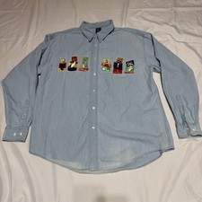 VTG 90s Looney Tunes Warner Bros. Mix Ups Faded Embroidered Denim Shirt Sz. XL
