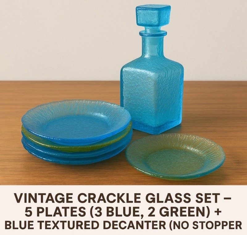 ‼️ Vintage Crackle Glass Set | 5 Plates + Blue Decanter | Mid Century Coastal