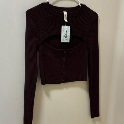 Mahina Brown Ribbed Knit Button Front Crew Neck Long Sleeve Cropped Sweater S