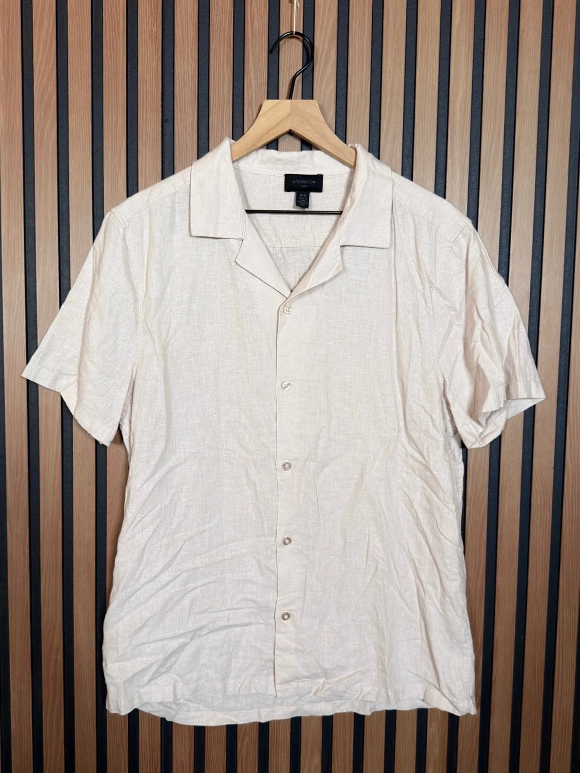 Magaschoni Shirt Medium Mens Beige Tan Short Sleeve Casual Beach Fresh Button Up