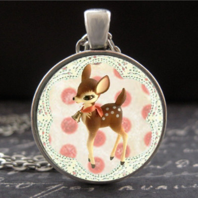 MCM Kitsch Baby Deer Figurine Necklace Women Hand Made Retro 50's Art Pendant