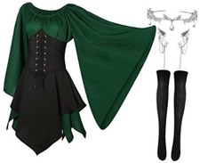 4 Pcs Women Elf Costume Renaissance Traditional Irish 2X-Large Green, Black