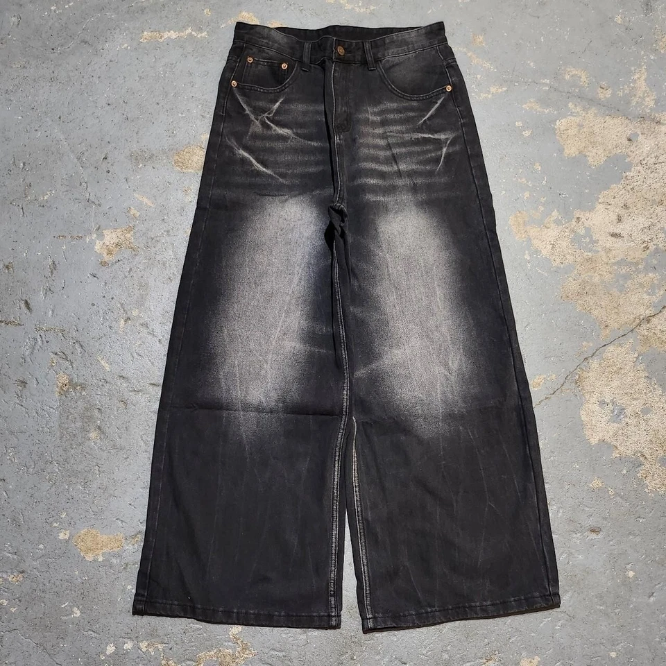 Jeans preto folgado perna larga anos 2000 desgastado desbotado 32w x 29l - Imagem 2 de 4