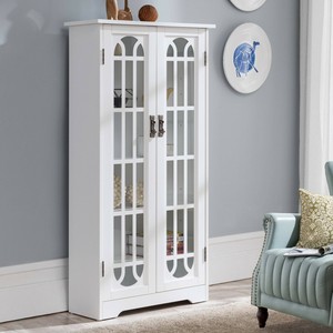 White Finish Wooden Media Cabinet 6 Shelf Cd Dvd Storage Tower Glass Door Stand Ebay