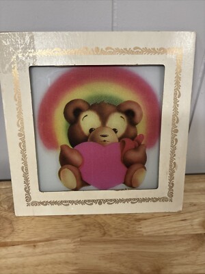 Vintage Carnival Prize Mirror Glass Bear With Heart Rainbow (6x6) Framed Litho