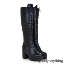High Knight Boots Zip Block High Heel Lace Up Combat Knee Platform Shoes Womens