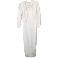 VTG Scala Womens S Ivory Beaded 2-Piece Long Sleeves Maxi Formal Gown Dress