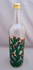 PRICLY PEAR CACTUS DESIGN WINE BOTTLE HAND PAINTED LAMP/CONTAINER 750 ML BOTTLE