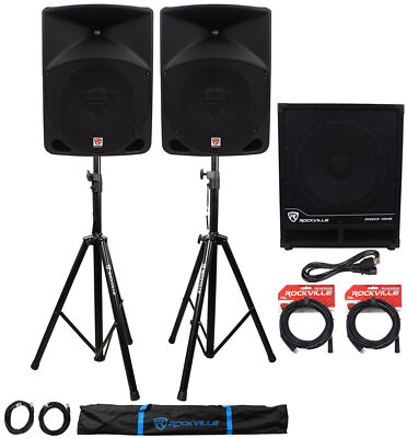 (2) Rockville RPG10 10'' Powered PA Speakers+Active 15'' Subwoofer+Stands+Cables