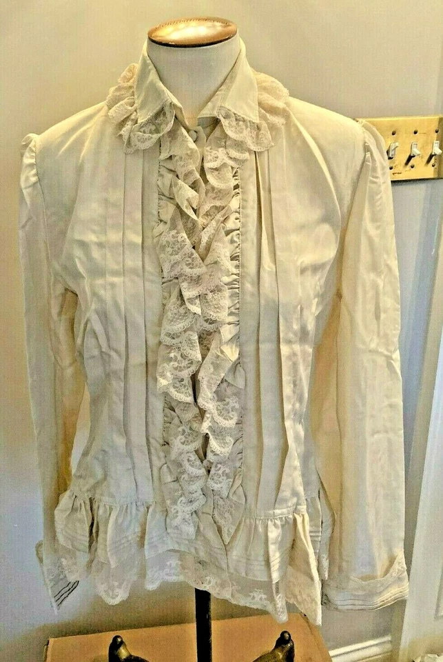 全新带标签 J. Peterman Victorian Look Creme 真丝衬衫荷叶边领蕾丝边 8 M