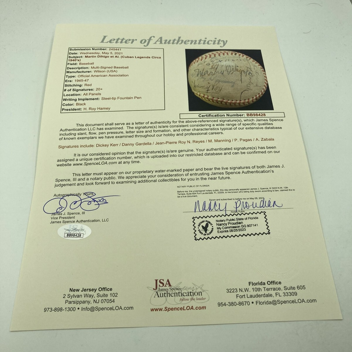 Extraordinary Martin Dihigo Signed 1940's Baseball JSA COA Hall Of