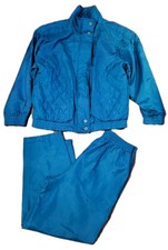 Vintage 90s 100 Silk Track Sweat Suit Set Medium Jacket Pants High Rise Blue