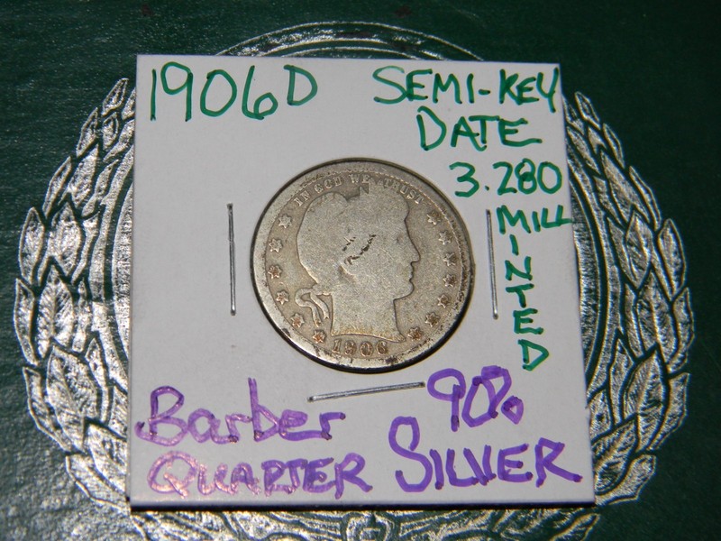 1906-D Barber Quarter Dollar - .900 Silver Coin Semi Key Better Date - 3.2m VG