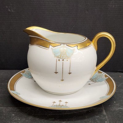 W.A. Pickard Hand-painted china creamer & underplate, 24k gold trim, art deco