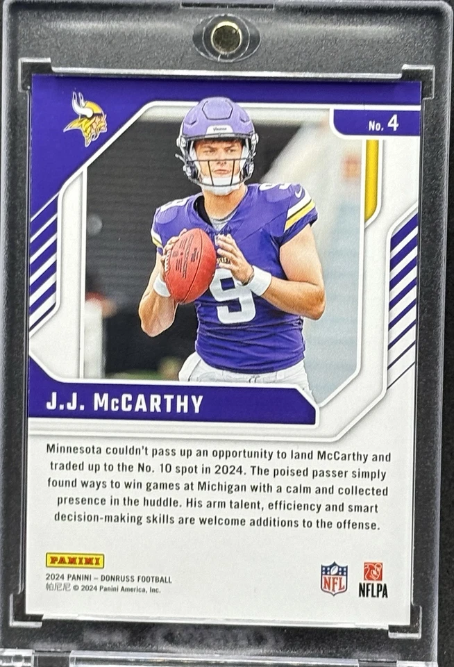 JJ McCarthy RARO NOVATO RC REFRACTOR PÚRPURA TARJETA DE INVERSIÓN SSP VIKINGS COMO NUEVO Foto 2 de 2