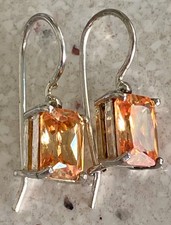 Sterling Silver Emerald Cut Champagne Dangle Drop Earrings Prong Set Square