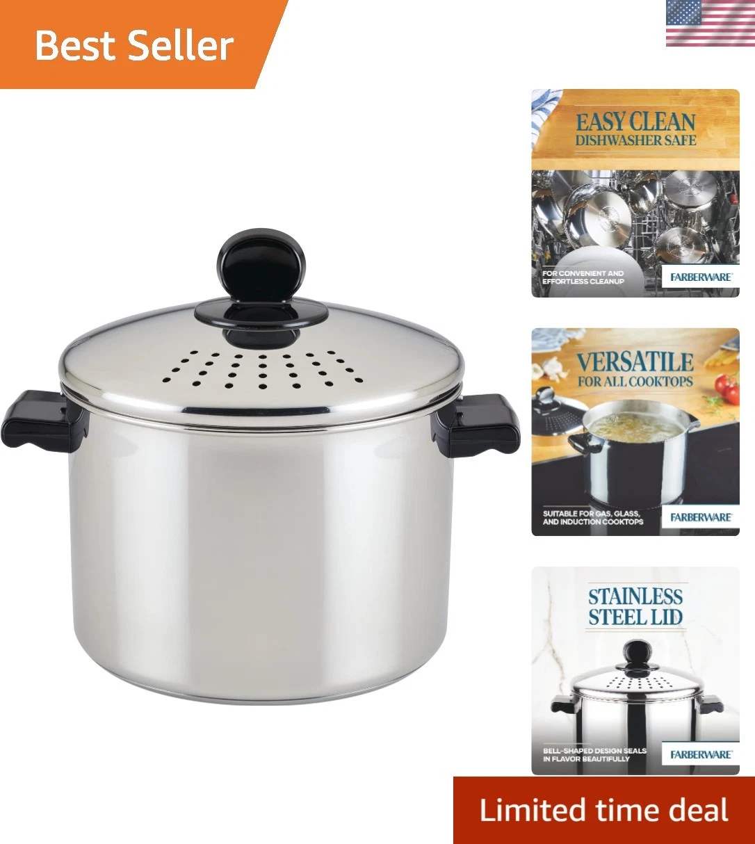 Classic Series Stainless Steel 8-Quart Covered Straining Stockpot with Lid