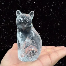 Vintage Glass Cat Kitty Clear Figurine Paperweight Textured Fur W Small Bubbles