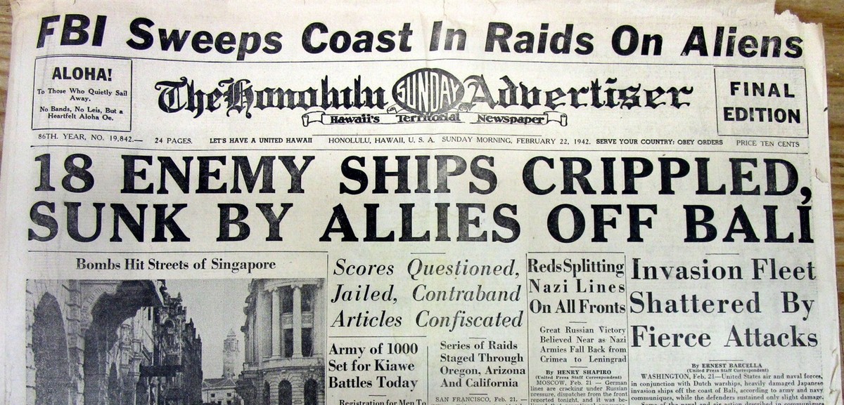 1942 Hawaii WW II newspaper JAPANESE AMERICANS ARRESTED by FBI as