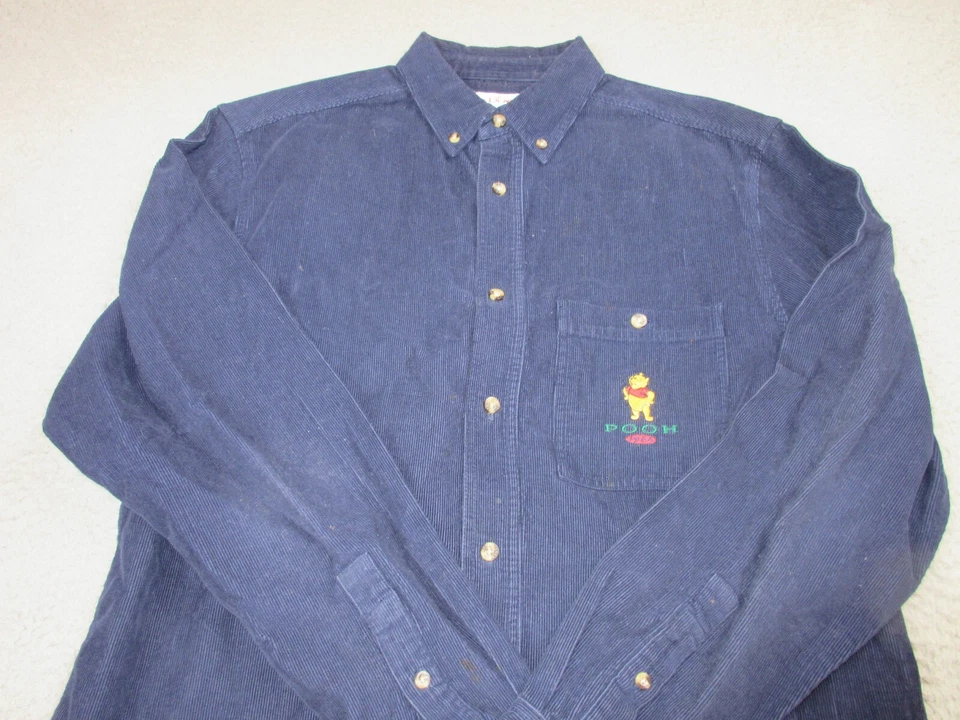 ВИНТАЖНАЯ мужская футболка Disney маленькая синяя на пуговицах вельветовый карман с Винни-Пухом - Изображение 2 из 4